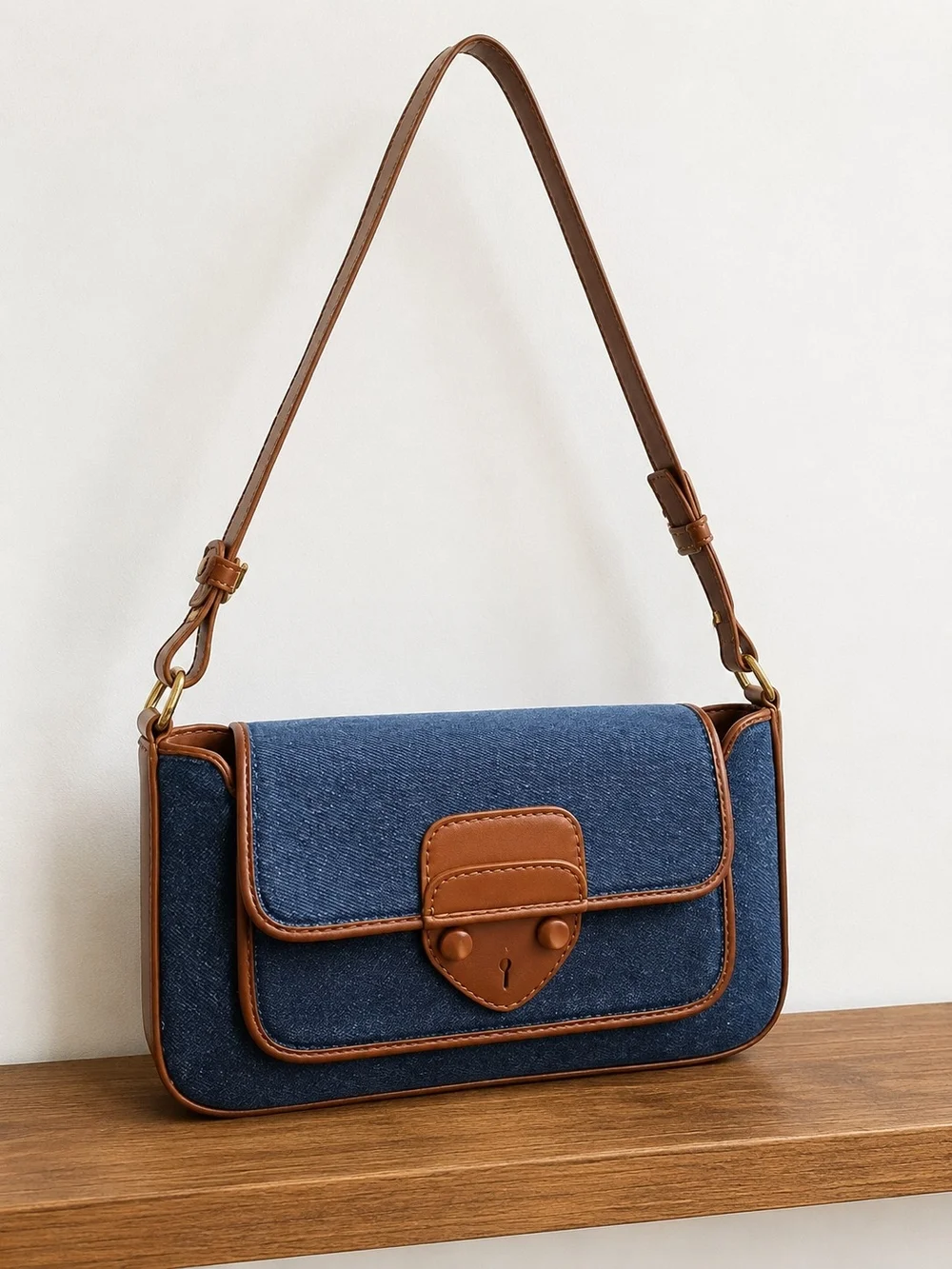 Blue Denim Shoulder Bag with Brown Trim With Detachable Crossbody Strap